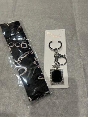 Crystal Frame Black Stone Keychain with Silver Hardware